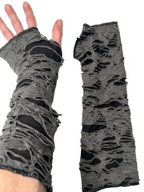 Mummy Gloves Gray Cut Out Arm Warmers Mens Zombie Costume Covers Ripped Holes